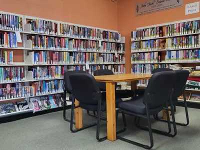 inside Cavandish branch bookshelves and chairs